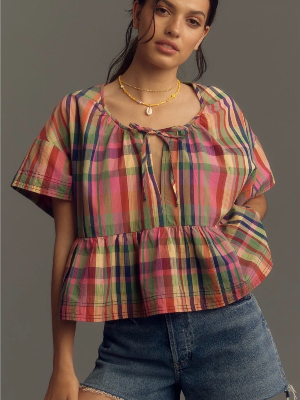 Anthropologie-Pilcro Multicolor Plaid Peplum Tie-Front Blouse